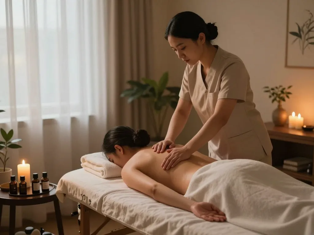 Client enjoying a soothing 삼산동마사지 in a tranquil spa setting with warm lighting and aromatic oils.