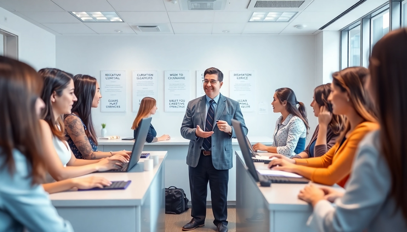Engaged learners in a front desk training near me session improve customer service skills.