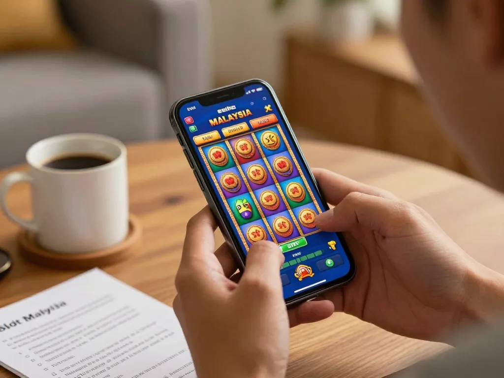 Engaging gameplay on Slot Malaysia app showcasing colorful slot reels and strategy notes
