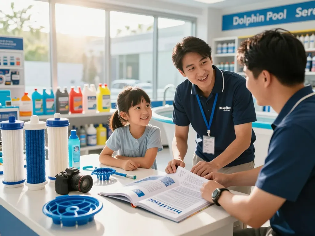 Dolphin Pool Services providing personalized pool maintenance advice in an inviting showroom.