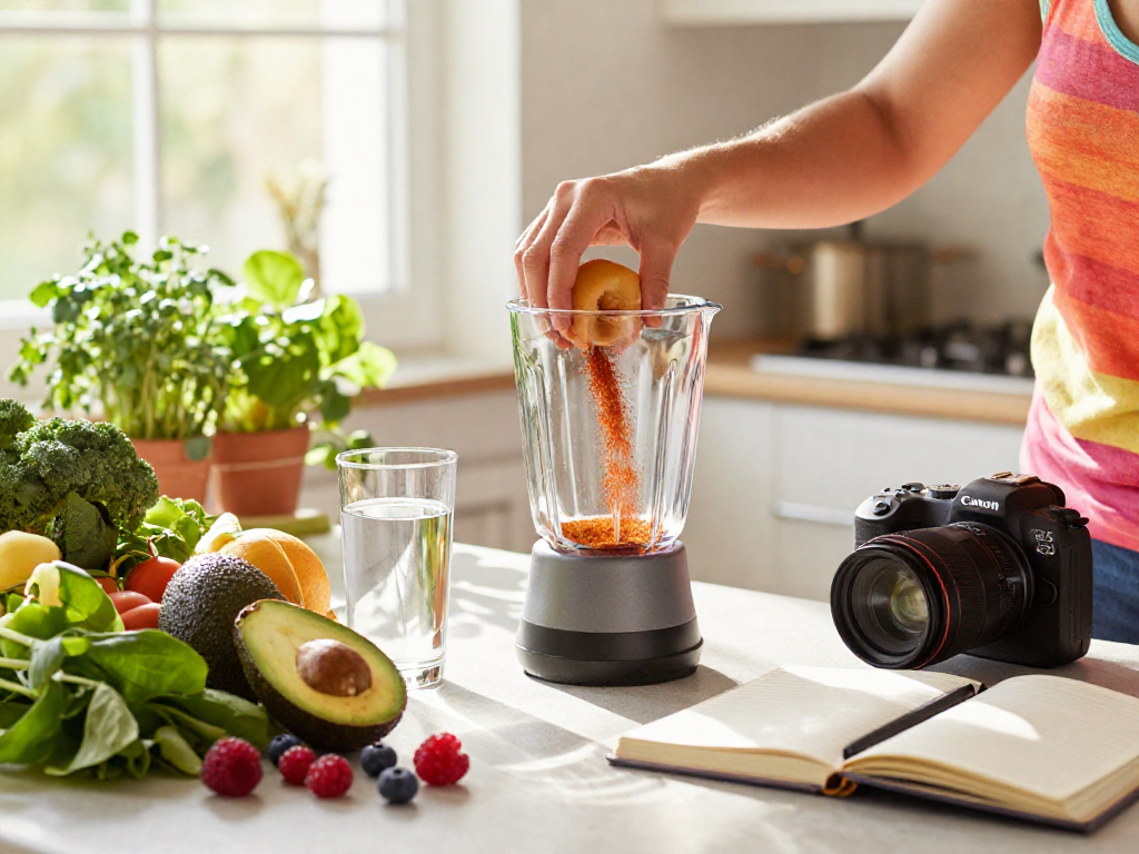 Health enthusiast preparing vegan astaxanthin supplement in a bright kitchen, emphasizing vibrant ingredients and wellness focus.