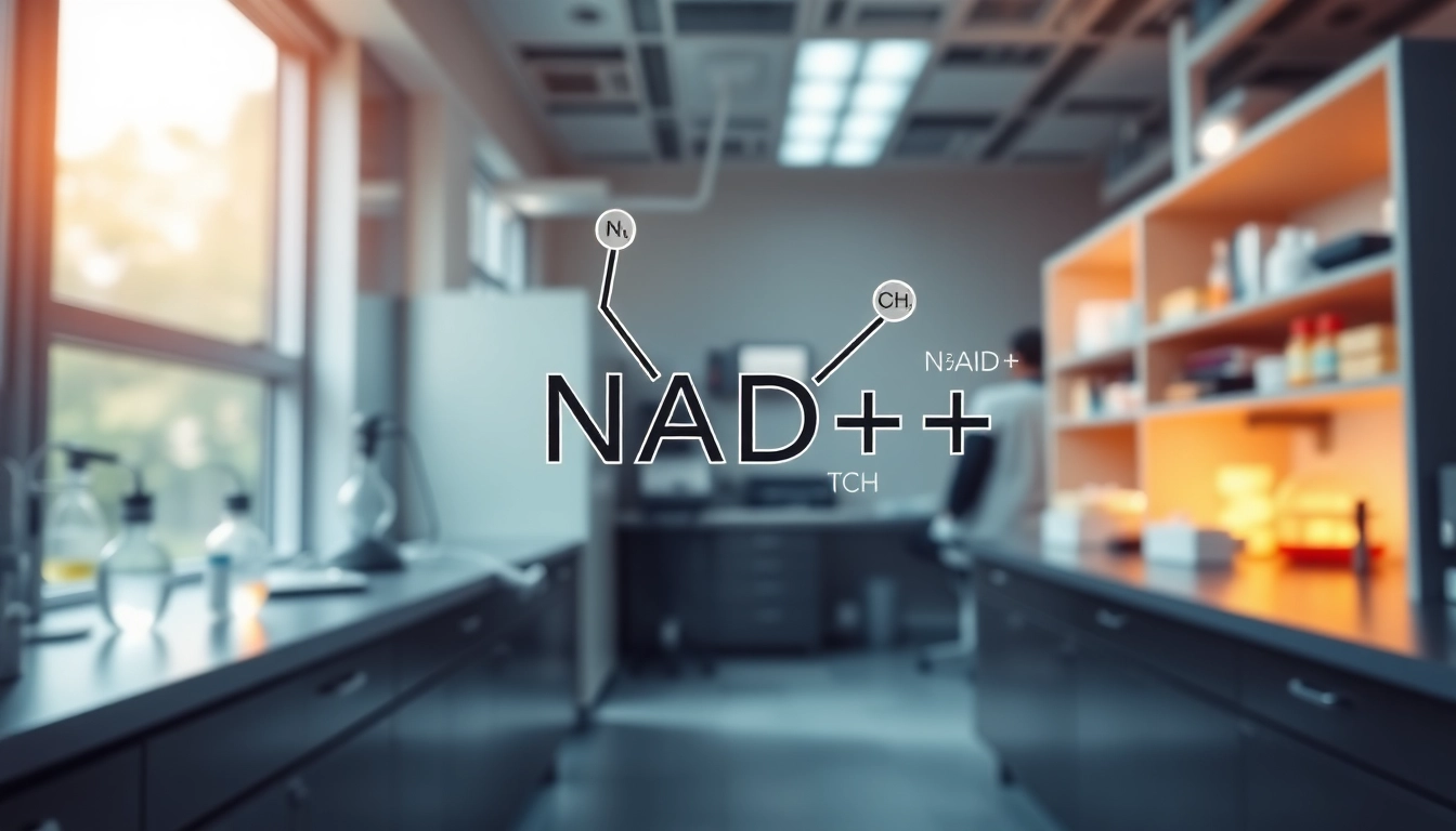 NAD+ molecule structure magnified in a bright lab environment highlighting its importance.
