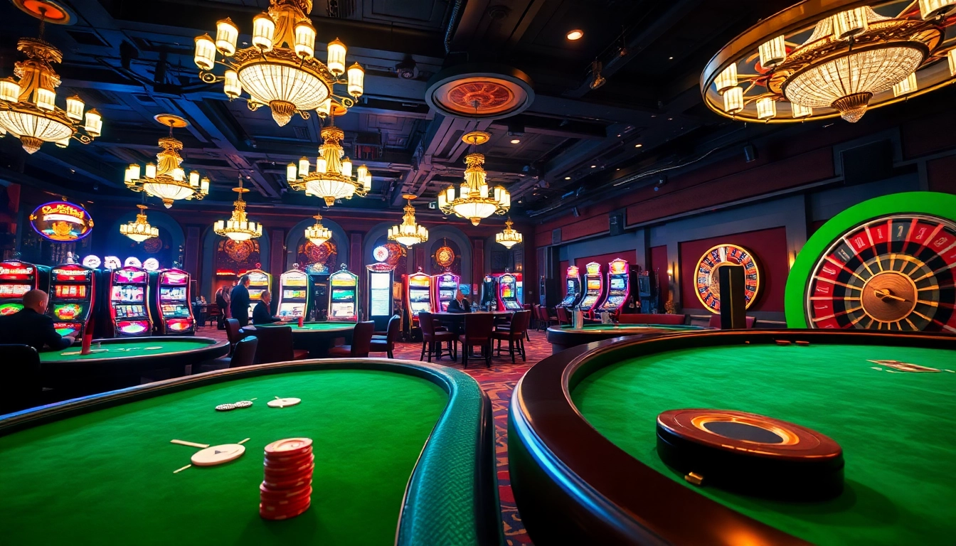 Experience the thrill of high-stakes gaming at go8's luxurious casino floor filled with vibrant gaming tables and slot machines.