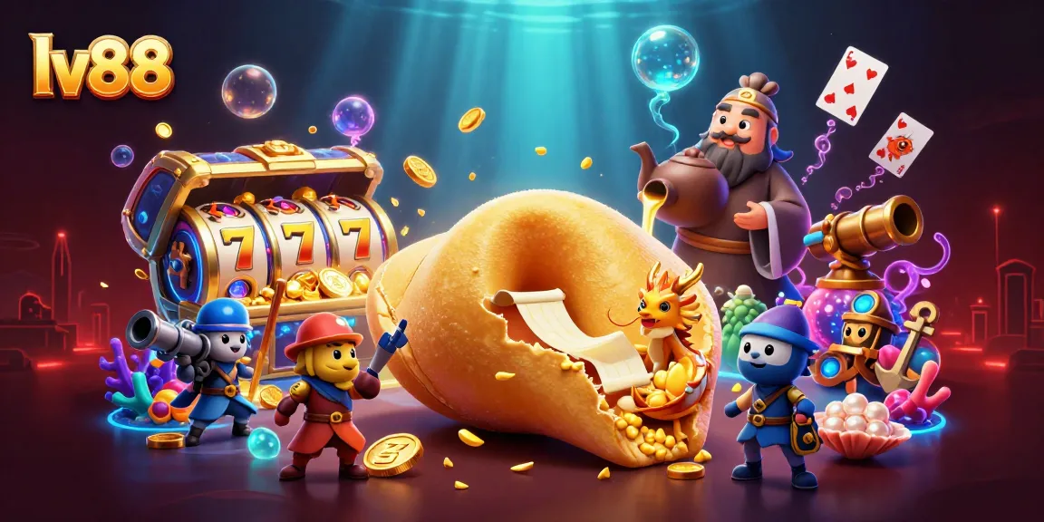 Engage with the captivating world of lv88 as golden fortune cookies guard treasures amid vibrant slot game elements and underwater scenes.