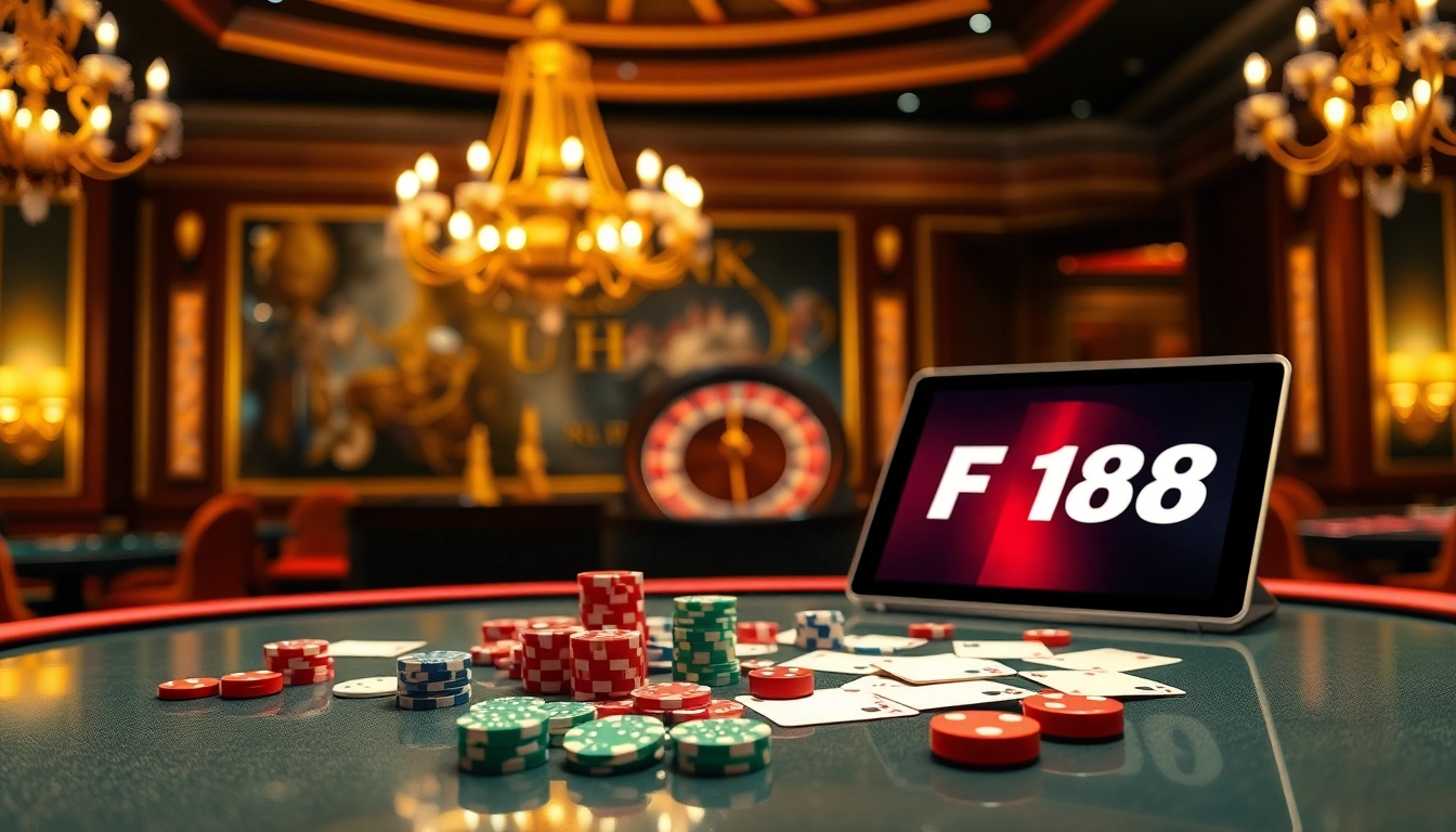 F168 offers an exciting poker experience with vibrant chips and an elegant casino environment.