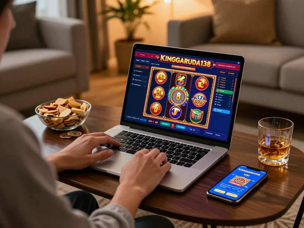 Engaging online casino experience with KINGGARUDA138 interface on laptop and a cozy setup.