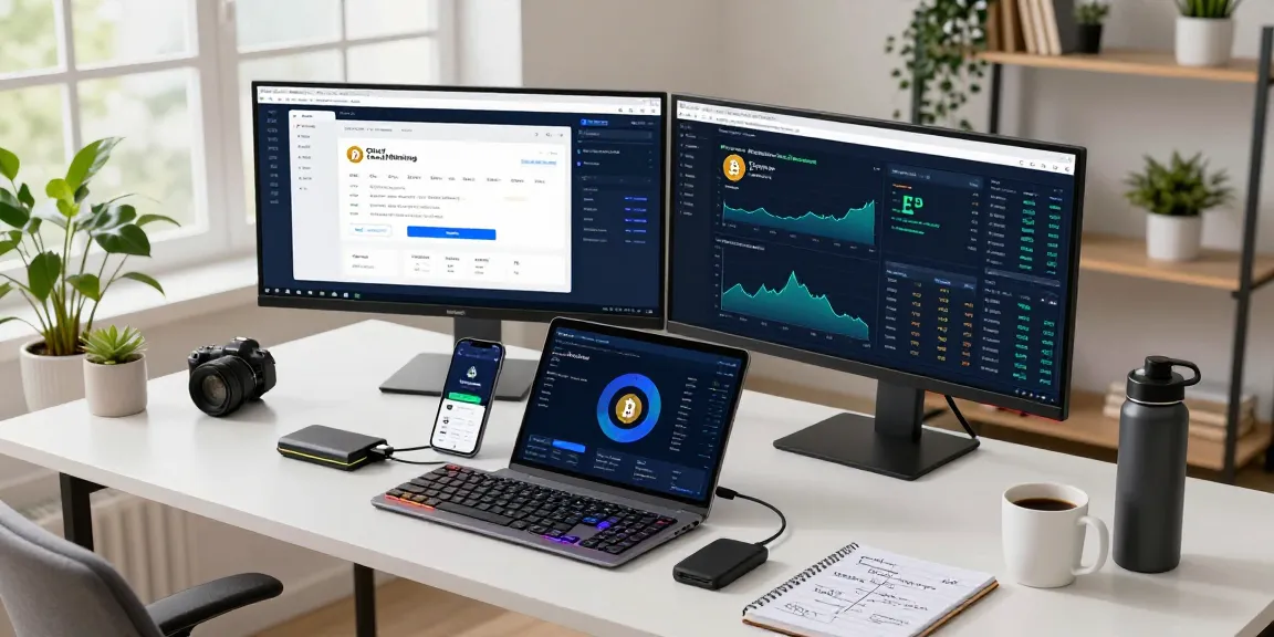 Engaging workspace with cloud mining platform display, cryptocurrency trading tools, and secure wallet in modern home office.
