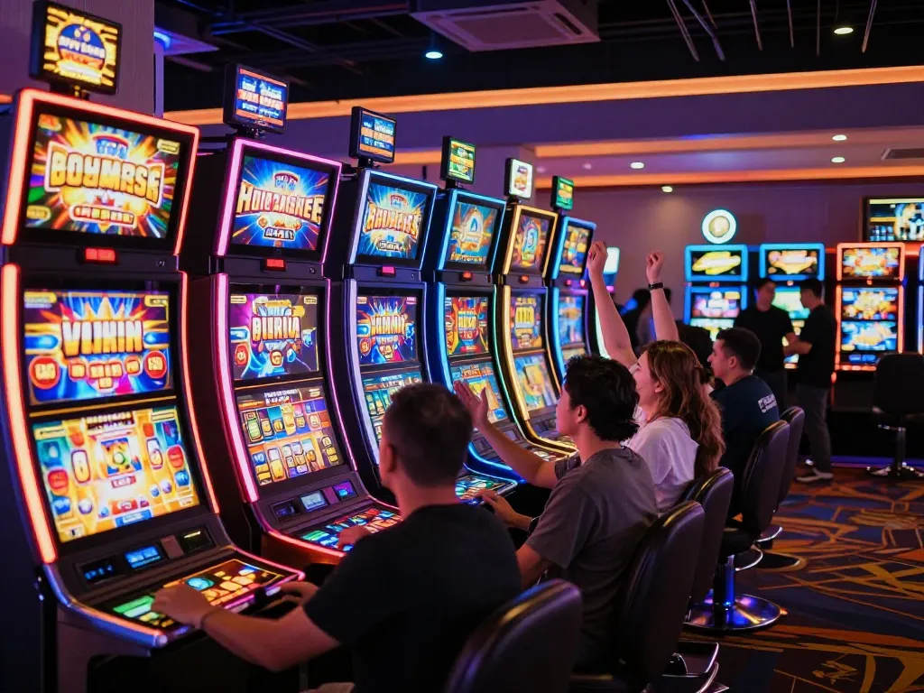 Players enjoying slot gacor games at a vibrant casino, celebrating wins amidst colorful machines.