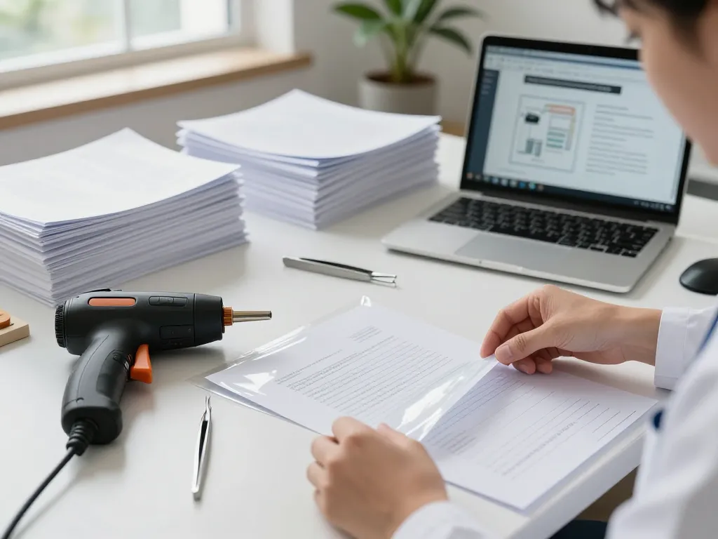 Expert technician safely demonstrating cách gỡ lớp ép plastic from important documents in a professional office.