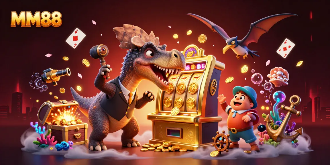 Win jackpots with MM88 as a pachycephalosaurus activates a golden slot machine amidst vibrant casino elements.