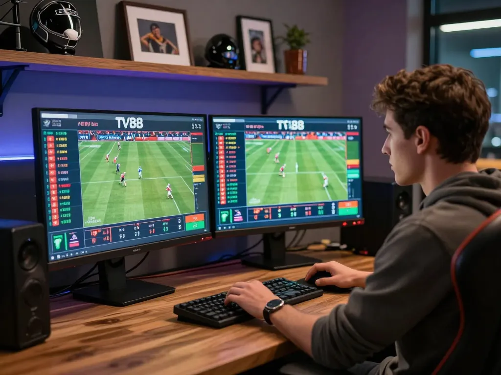 Engaged user betting on sports via TV88 platform on dual screens in a modern workspace