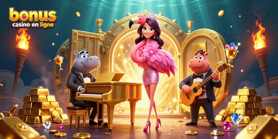 Attraper des bonus casino en ligne avec une illustration dynamique de chanteurs de casino en 3D et des trésors scintillants.