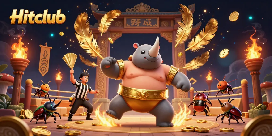 Hitclub showcases a dramatic casino scene with a rhinoceros beetle champion amidst flying gold coins and a referee cricket.
