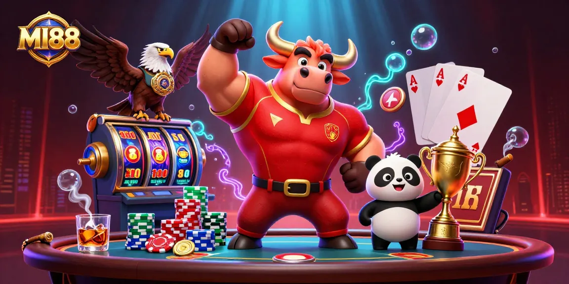 Play thrilling games at MI88 with a vibrant casino scene featuring dynamic characters and gaming elements.