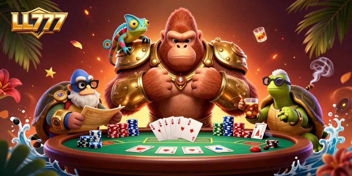 LL777 showcases a dynamic illustration of a gorilla king, chameleon spy, and tortoise elder amidst vibrant poker elements.