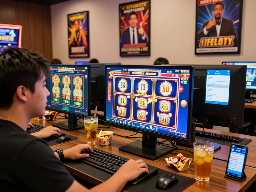BAYITOTO Bandar Toto Online Terbaik dengan Pembayaran Cepat, showcasing vibrant gaming experience with colorful slot games and enthusiastic player.