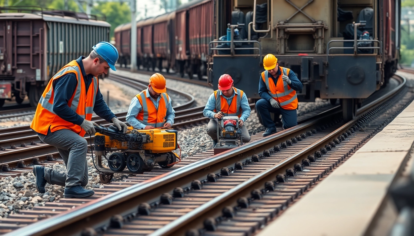 Railroad Maintenance crew actively repairing tracks and ensuring safety measures in action.