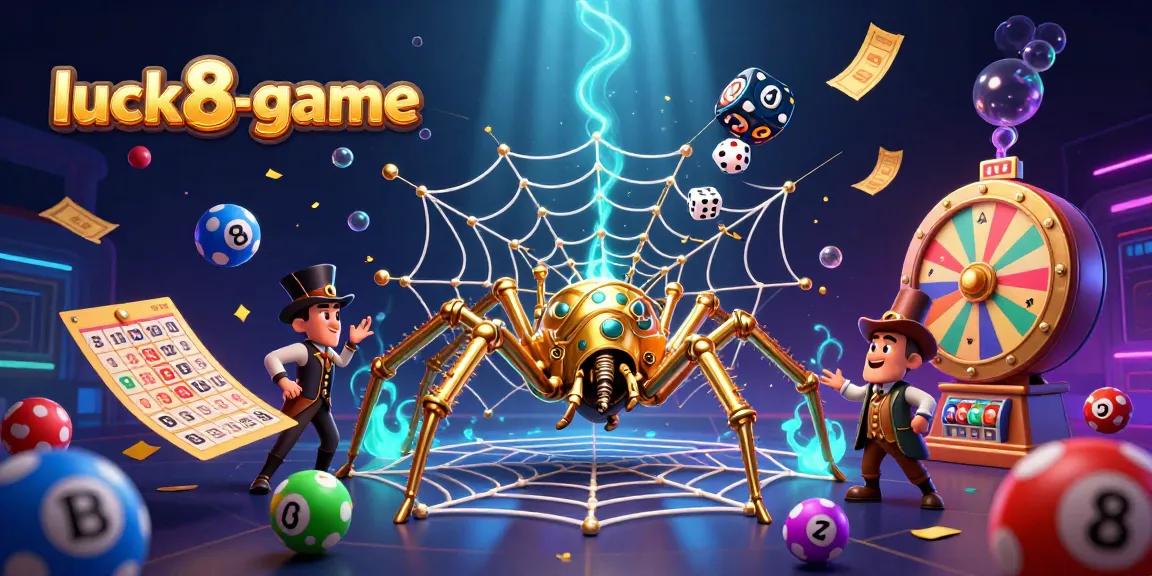 Experience the excitement of luck8-game with vibrant lottery balls and a golden spider in a dynamic casino scene.