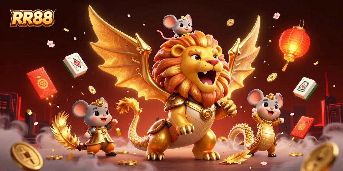 Experience thrilling gaming at RR88, featuring a majestic chimera and vibrant casino elements.
