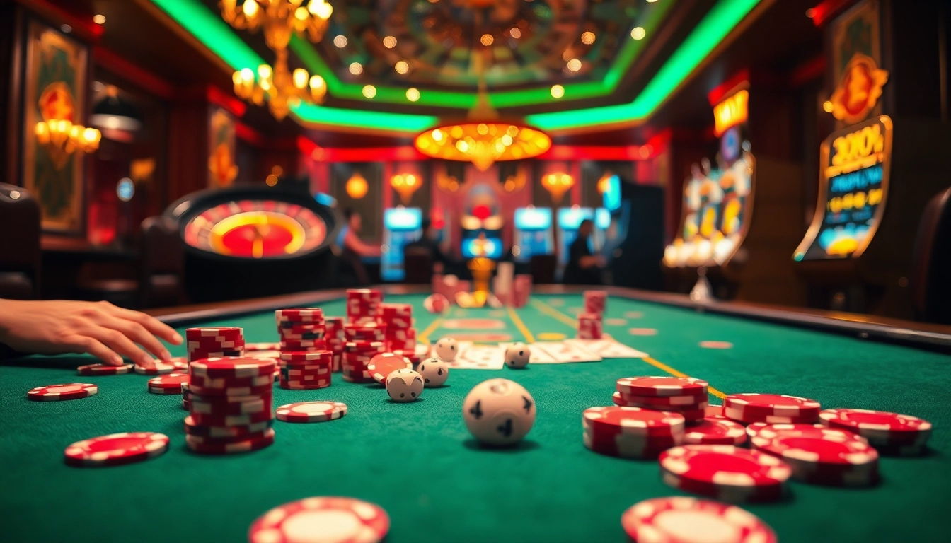 A vibrant casino table scene at https://luckywin.fan/ featuring enthusiastic players, colorful chips, and a roulette wheel for an exciting gambling experience.