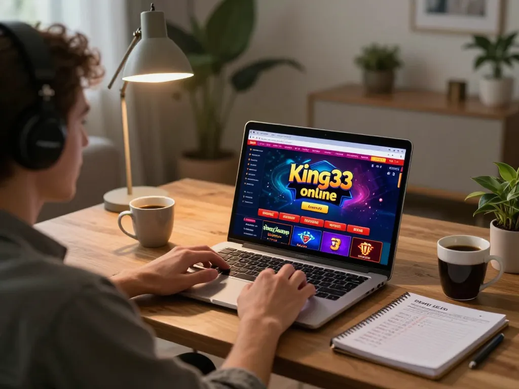 Player enjoying a thrilling gaming session on king33 online casino platform at home