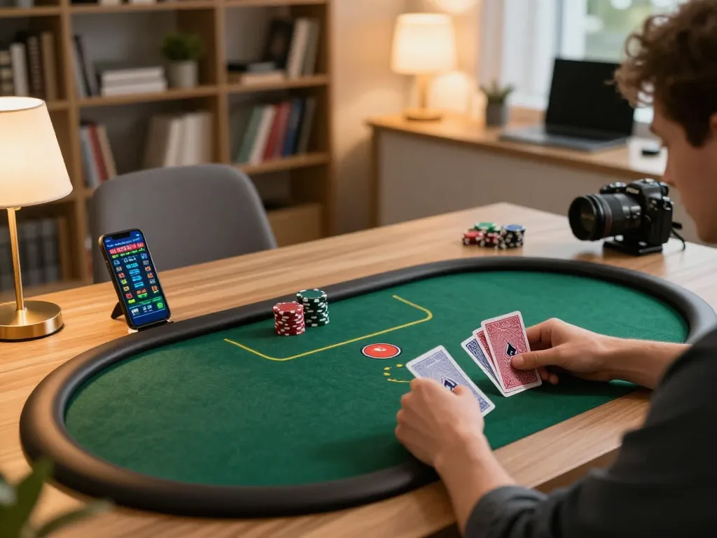 56 WIN player strategizing in home office during online poker session, showcasing responsible gaming.