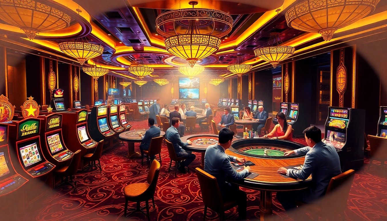 A dynamic casino scene showcasing professional gambling experiences at https://kjc.money/, featuring poker tables and slot machines.