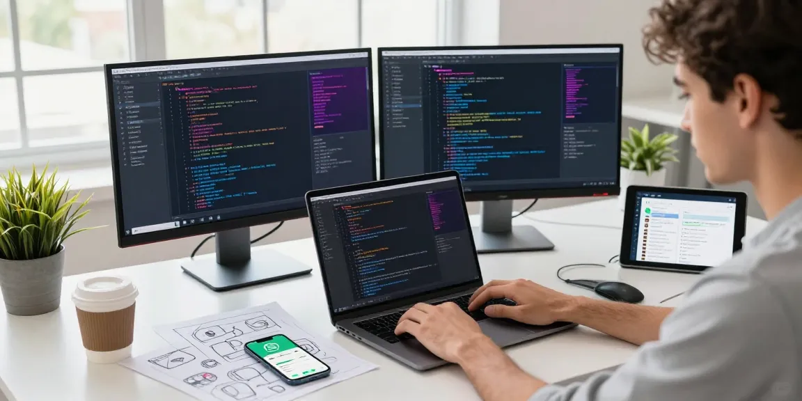 WhatsApp下載 shown on an app developer's screen in a modern workspace with dual monitors.
