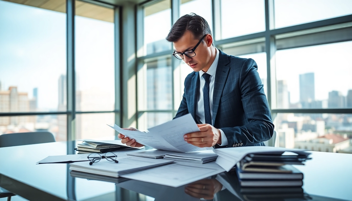 Consultant reviewing documents for FCPA/DCAA/Flowdown/ITAR/EAR compliance in a modern office.