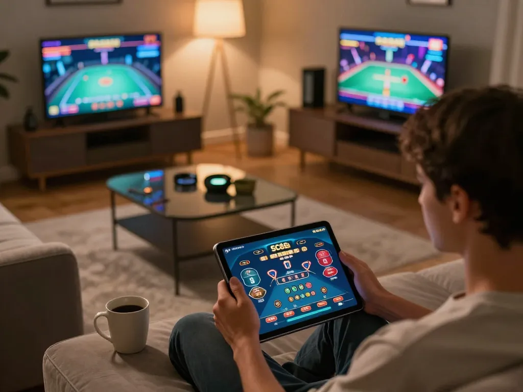 Engaged user playing SC88 casino app on tablet in a cozy home setting, showcasing modern online gaming