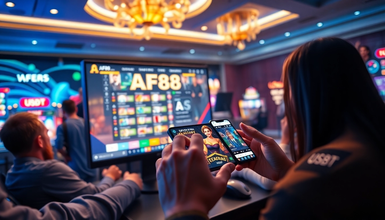 Engaging scene of players interacting with AF88 online casino games, showcasing modern gambling.
