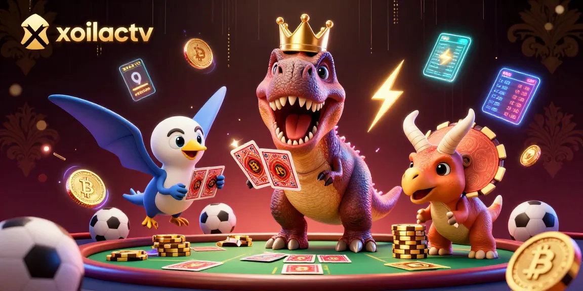 Engage with exciting sports betting on xoilactv featuring a vibrant cartoon scene of T-Rex and friends.