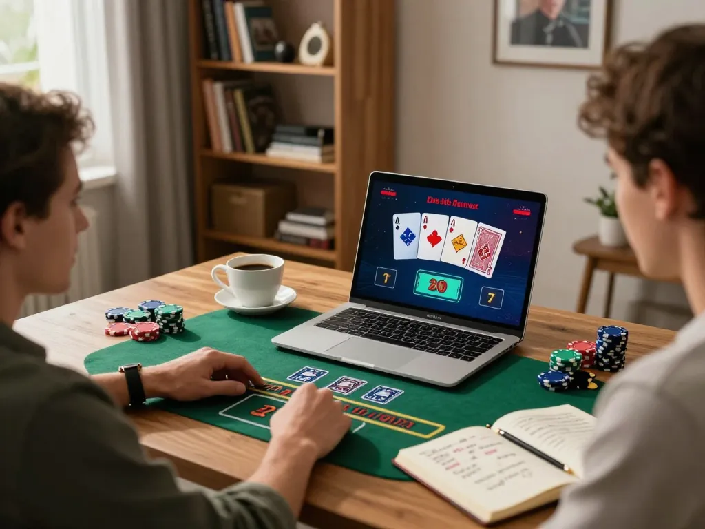 da88 online gaming session showing user playing blackjack on laptop with strategy notes visible