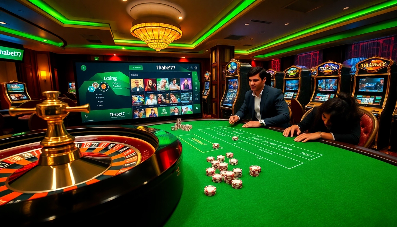 Experience thrilling games at Thabet77 casino with vibrant poker chips and a spinning roulette wheel.