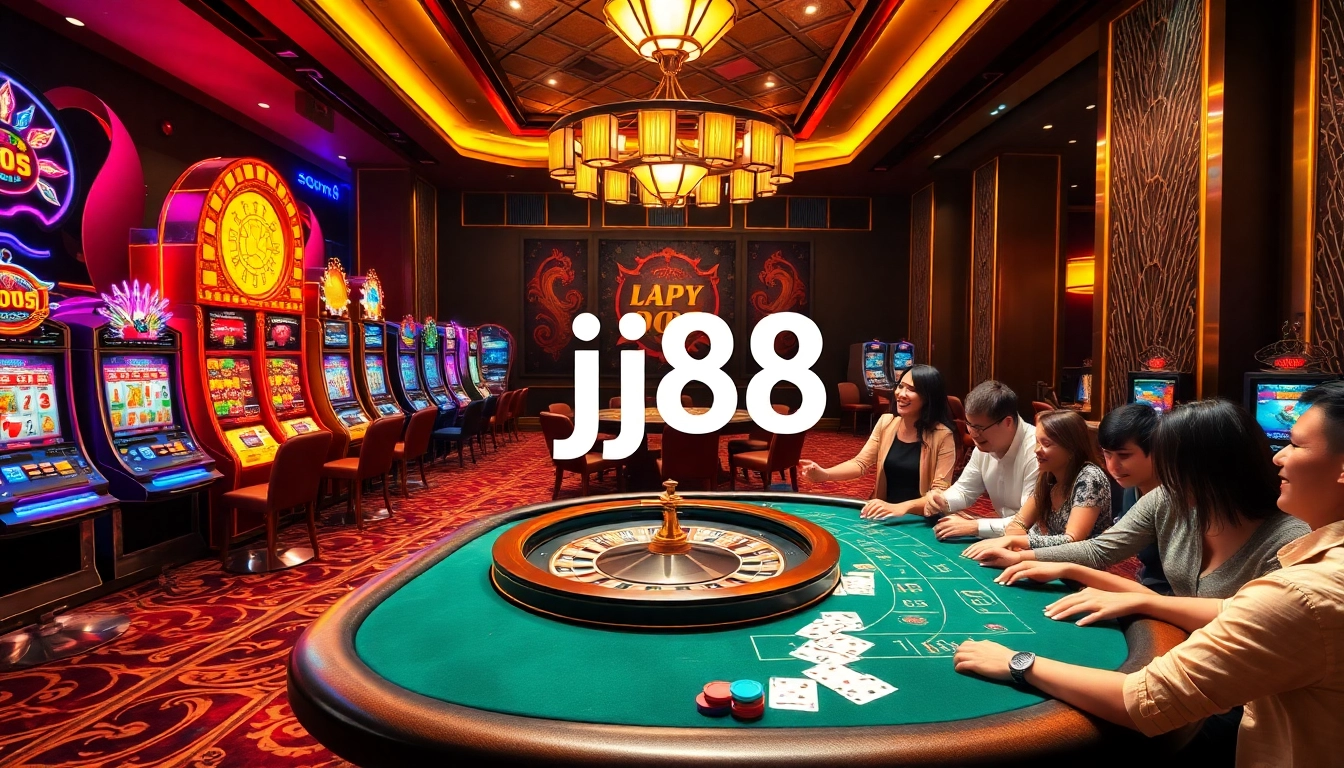 Catching the action at a j88 casino table, players enjoy thrilling moments surrounded by vibrant slot machines.
