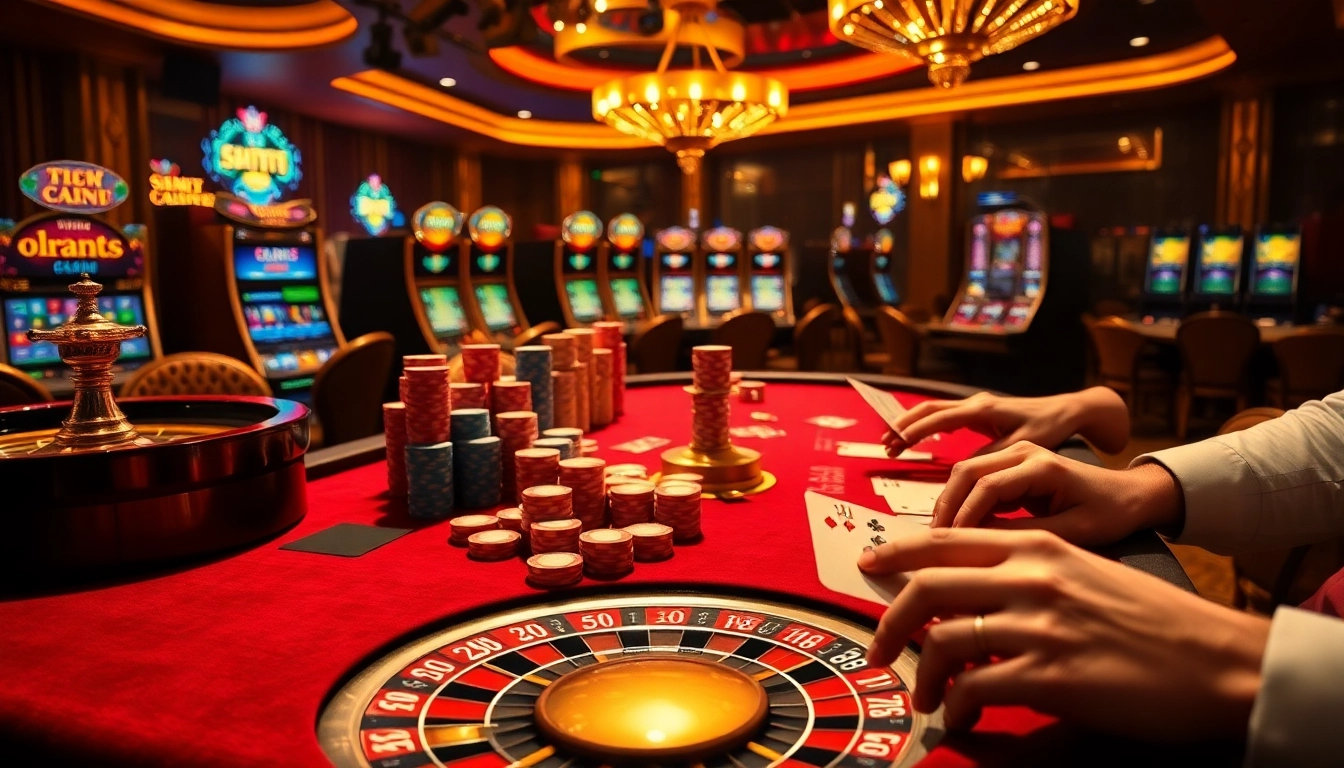 A thrilling poker game scene at https://ev882.sa.com/ featuring stacked chips, engaged players, and a glamorous casino atmosphere.