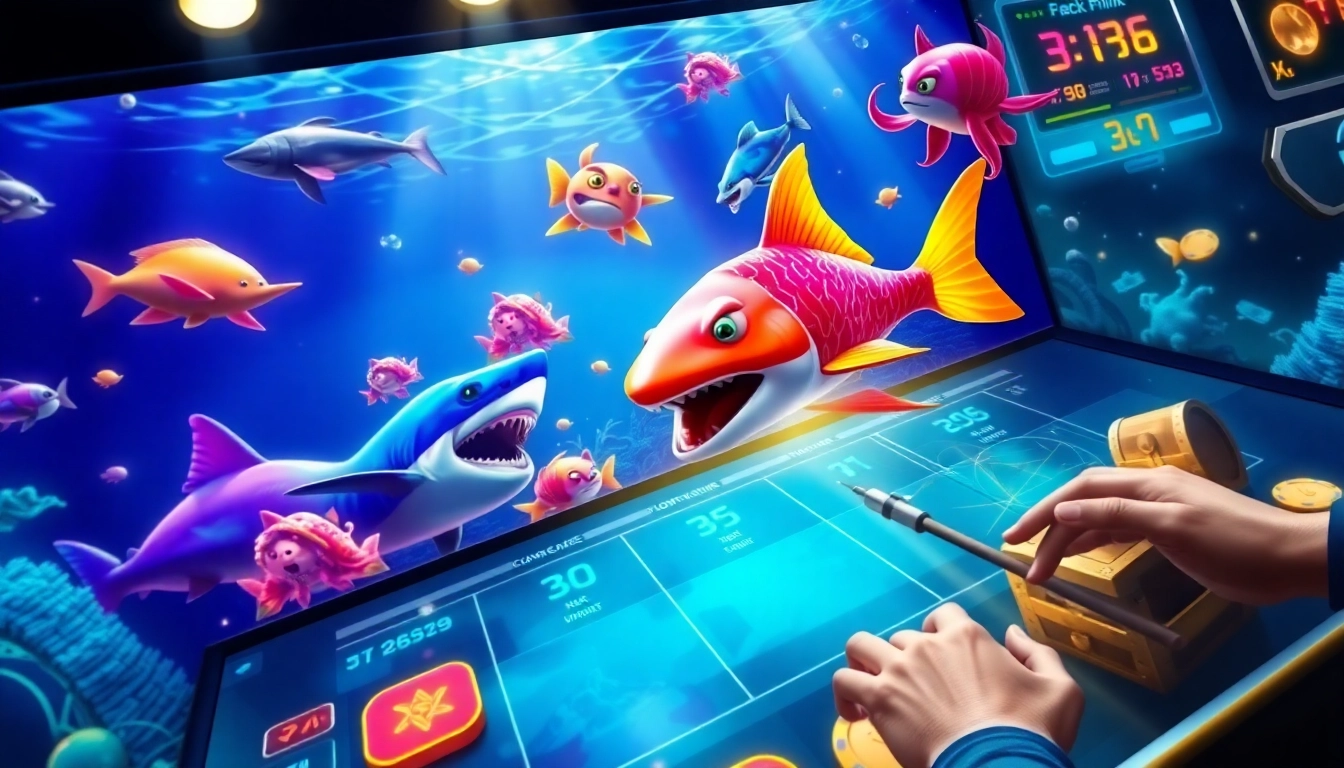 Bắn cá đổi thưởng theme showcasing vibrant ocean scenes with players engaging in thrilling fishing action.