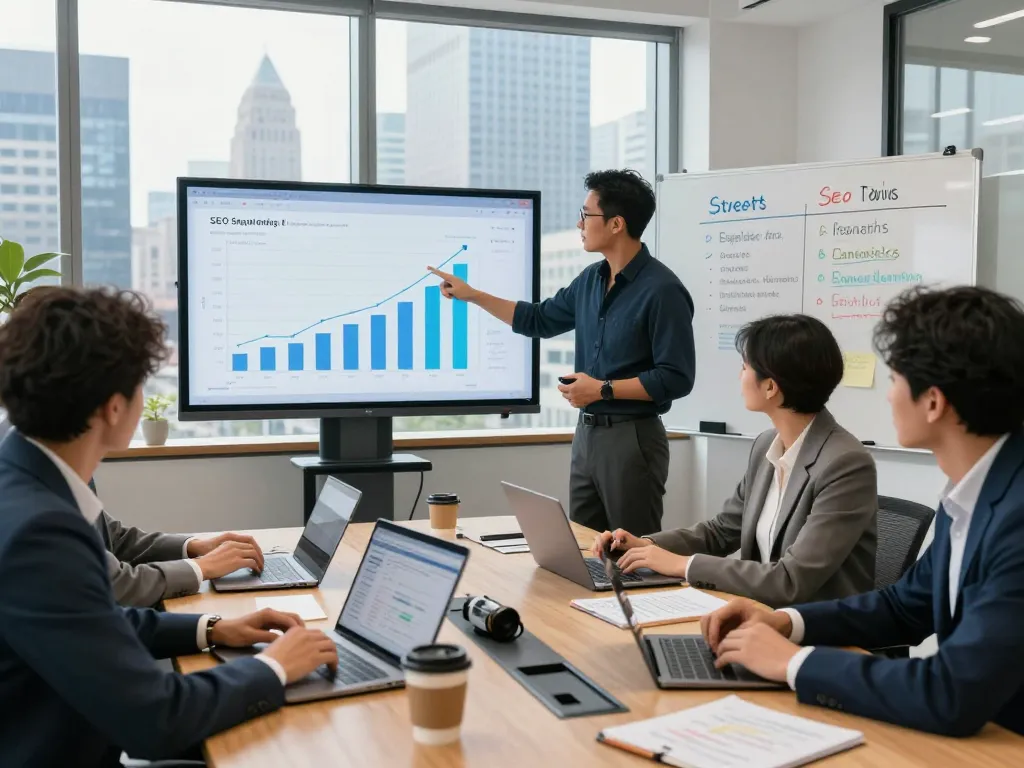 Team collaboration at an NYC SEO Company strategy meeting showcasing SEO growth metrics and digital marketing tools.