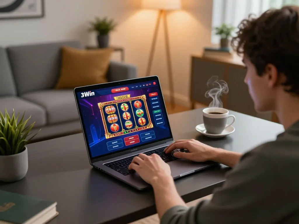Person enjoying online gaming with the 3Win app displayed on laptop screen in a cozy home environment