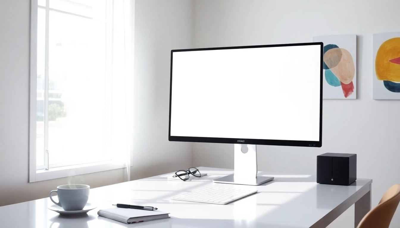 Bright workspace featuring a white full screen tool on a monitor, enhancing focus and productivity.