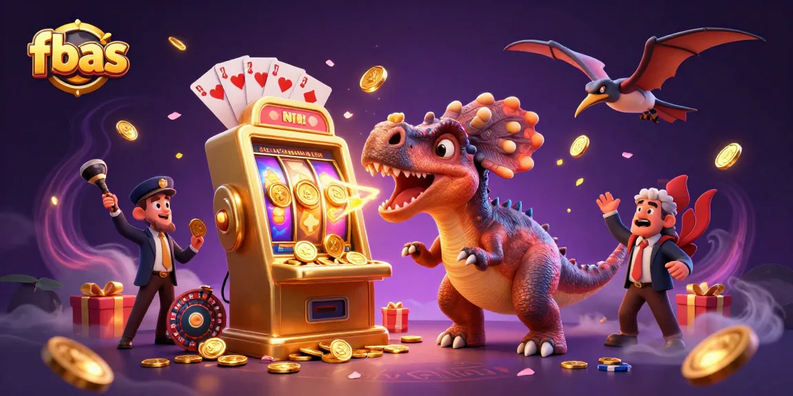 fbas showcases an exciting scene with a dinosaur winning at a golden slot machine amidst flying coins