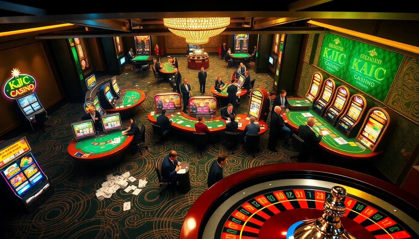 KJC casino scene featuring engaged players at poker tables and vibrant slot machines.