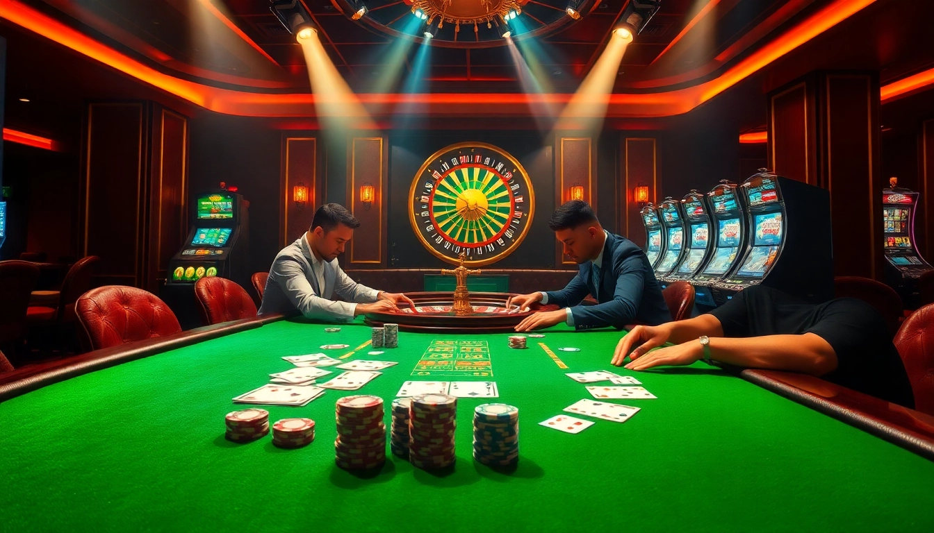 Experience thrilling gameplay at 98win .com with a vibrant casino scene featuring poker and roulette.