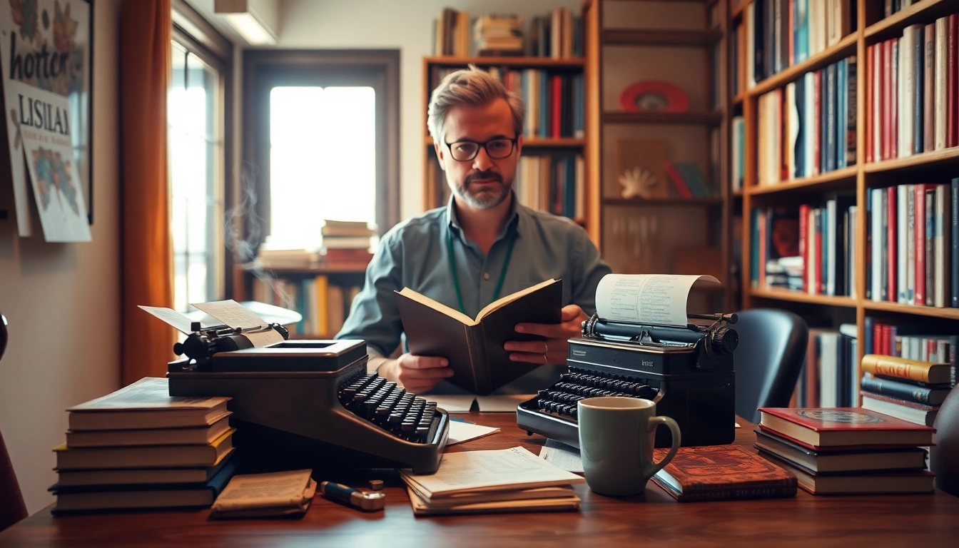 Author working in a cozy nook, surrounded by books and a vintage typewriter.