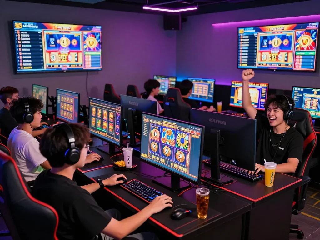 Excited players enjoying slot gacor games in a vibrant online gaming lounge with dynamic lighting and multiple screens.