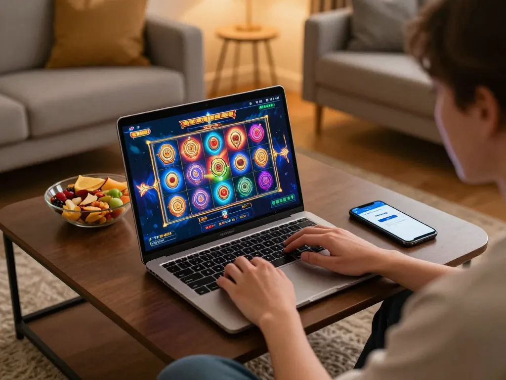 Engaging in Mesingg login for an exciting online slot game in a cozy gaming setup.
