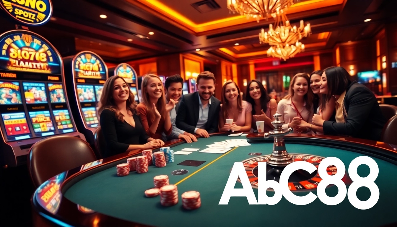ABC8 players placing bets at a dynamic casino table with vibrant slots and roulette.