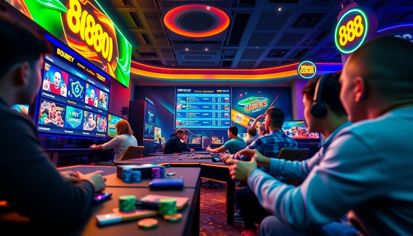 Engaging scene of players enjoying diverse games at 888new online gambling platform.