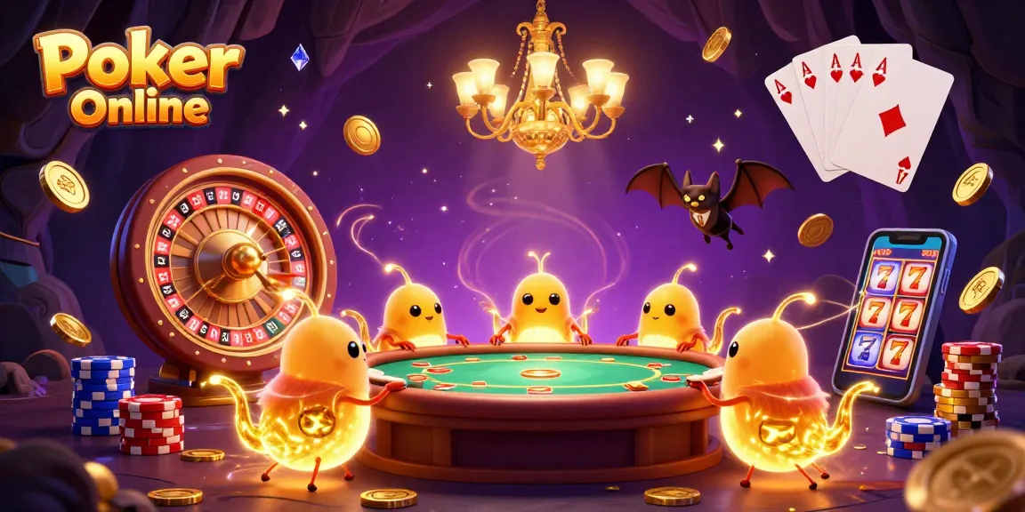 Engage in the lively atmosphere of Poker Online illuminated by glowing worms, showcasing vibrant chips and cards.