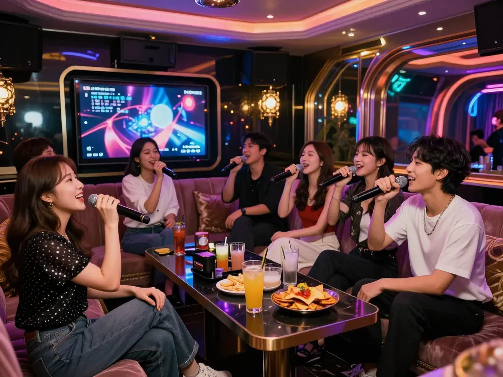 화려한 장식과 프리미엄 음료가 있는 강남달토 노래방을 즐기는 친구들의 역동적인 장면.